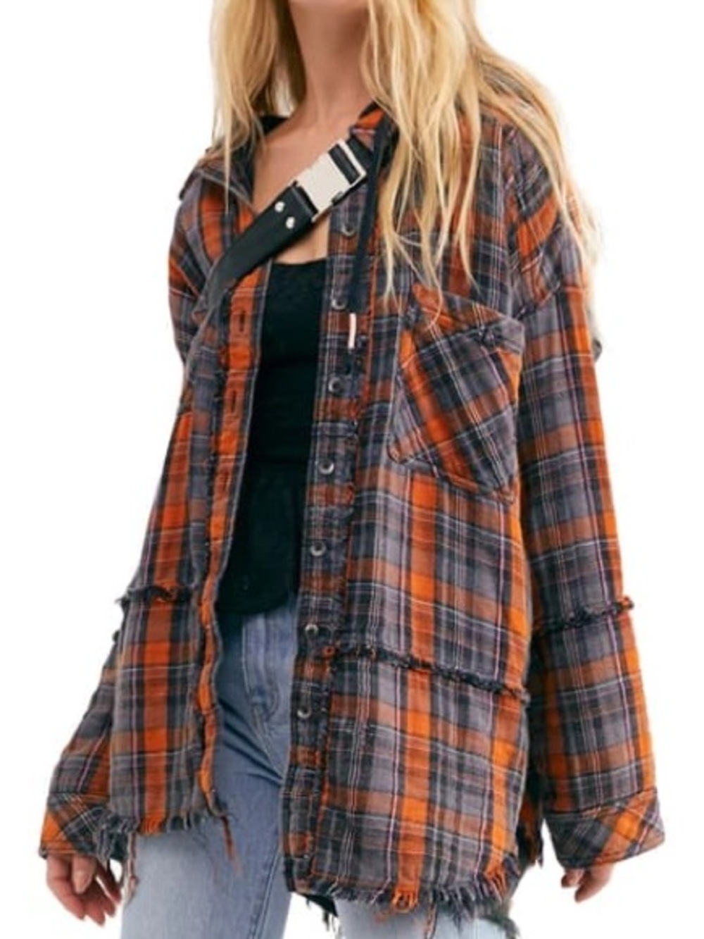Free People Orange and Gray Plaid Frayed Button-Front Shirt Jacket